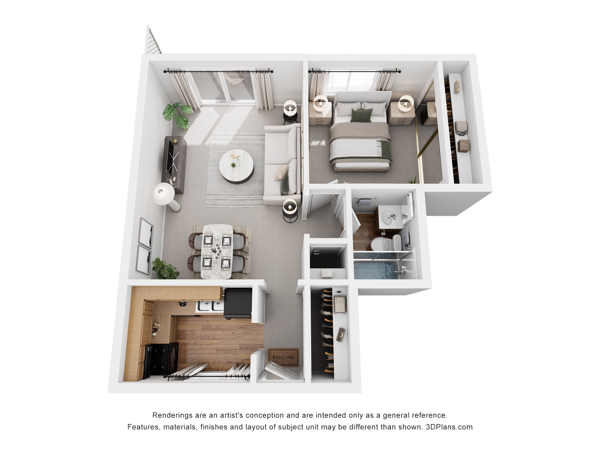 Floor plan for 1 bed, 1 bath, 602 sqft